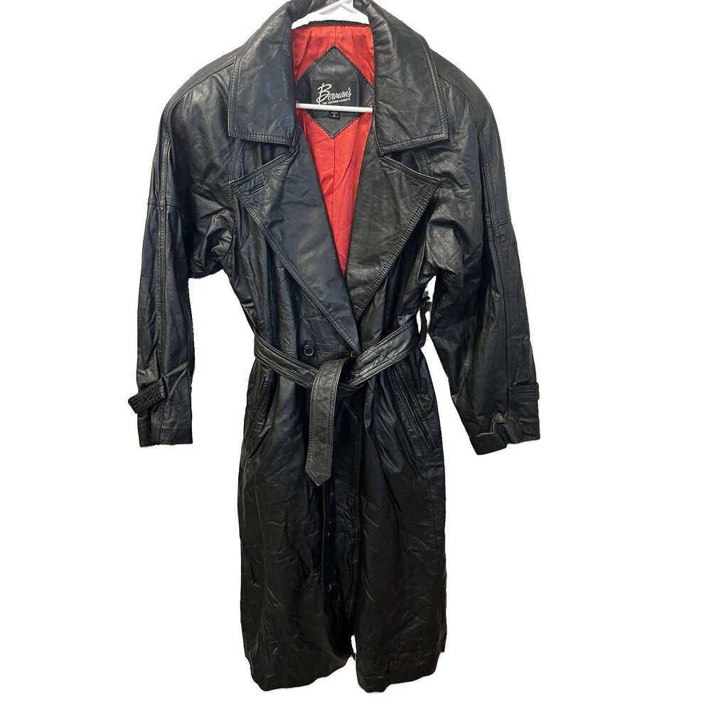 Berman’s Leather Trench Coat Women’s 8 Black Red Lining Mob Wife Y2K Spy Buttons